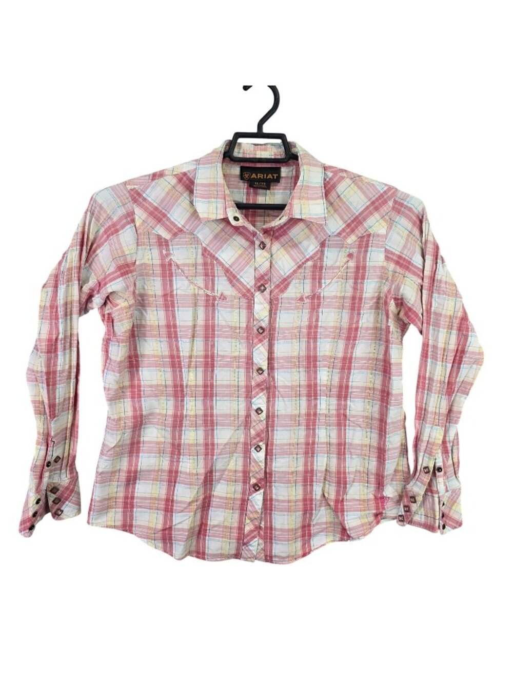 Womens Ariat Western Pink & Yellow Plaid Snap Button Up Shirt Long Sleeve XL